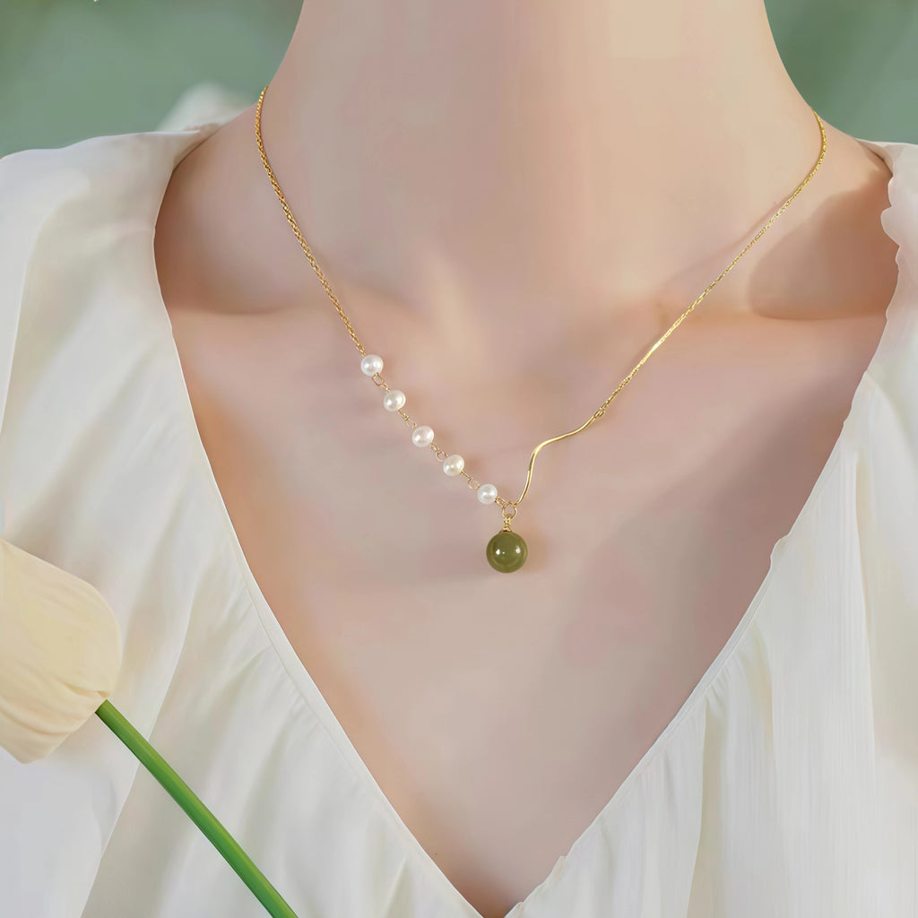 Asymmetrical Chain Hetian Jade and Pearl Necklace - Perfection & Serenity