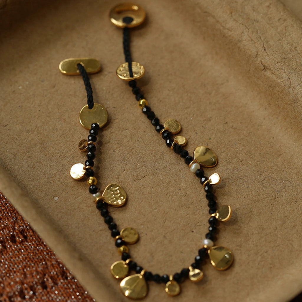 Hand‑Hammered Gold Coin Natural Stone Beaded Stack Bracelet - Healing, Inner Power