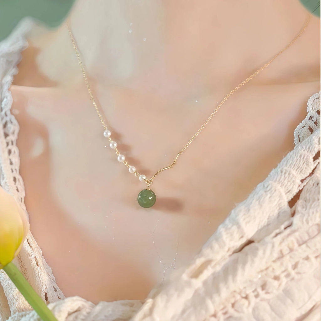 Asymmetrical Chain Hetian Jade and Pearl Necklace - Perfection & Serenity
