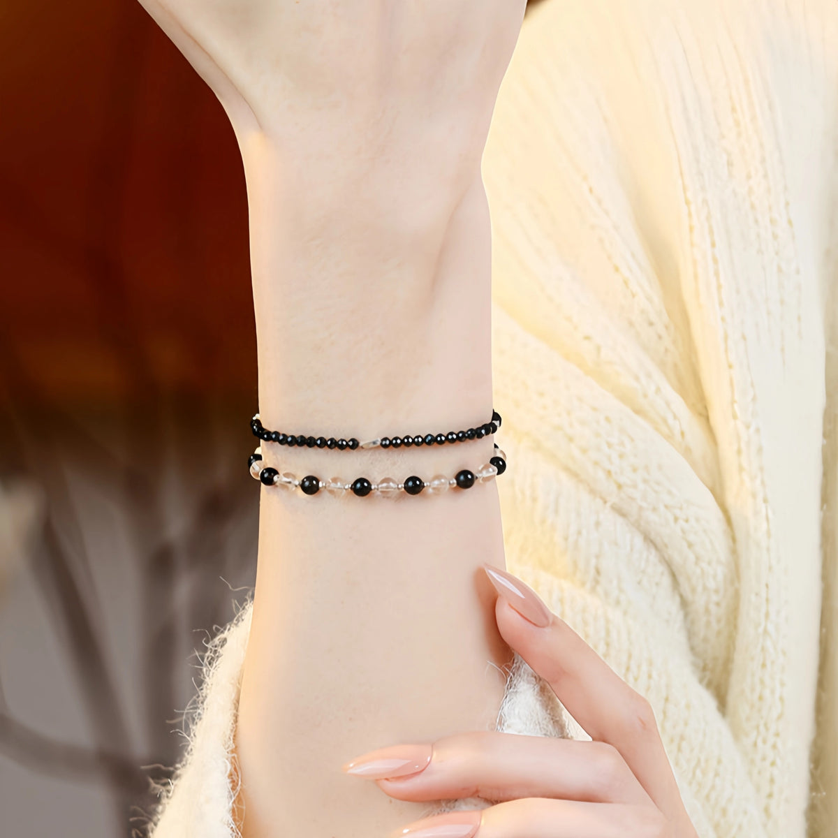 Obsidian, Black Onyx & Clear Quartz Stackable Bracelet - Protection & Balance
