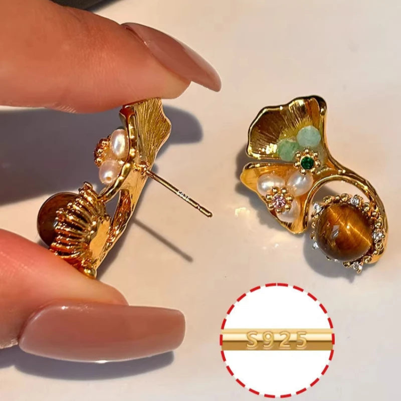 Boucles d'oreilles Œil de Tigre naturel, Lumina Tigeris Maillard Fleur Dorée, Cadeau Femme