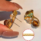 Boucles d'oreilles Œil de Tigre naturel, Lumina Tigeris Maillard Fleur Dorée, Cadeau Femme