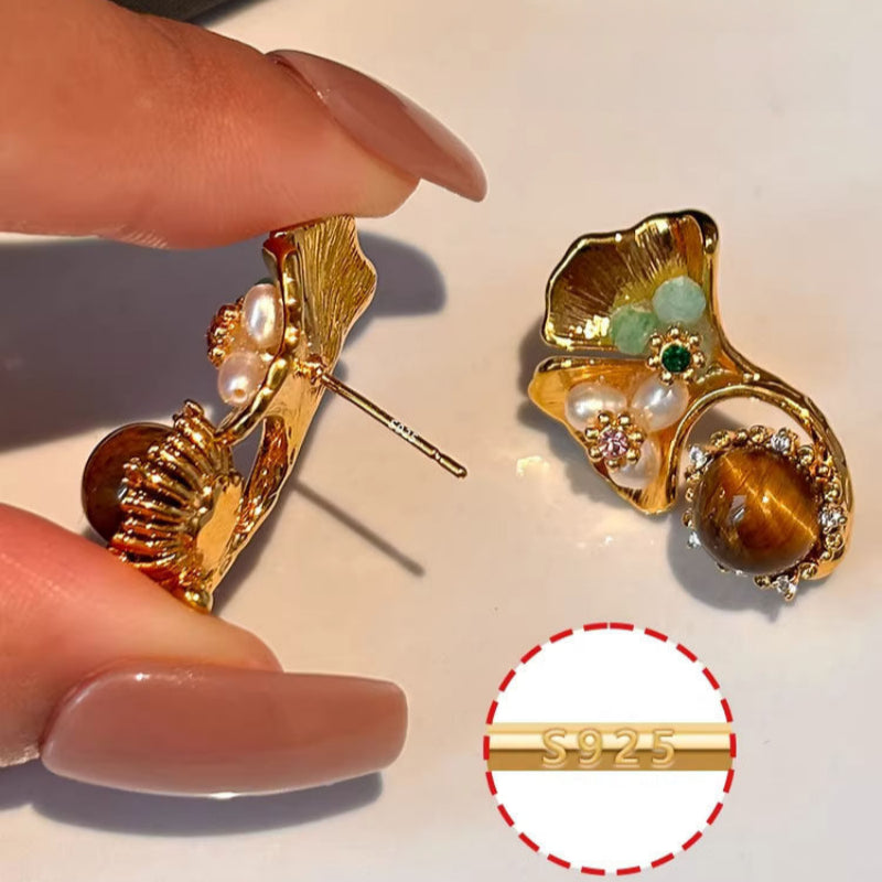 Natural Tiger Eye Earrings, Lumina Tigeris Maillard Golden Flower, Women Gift