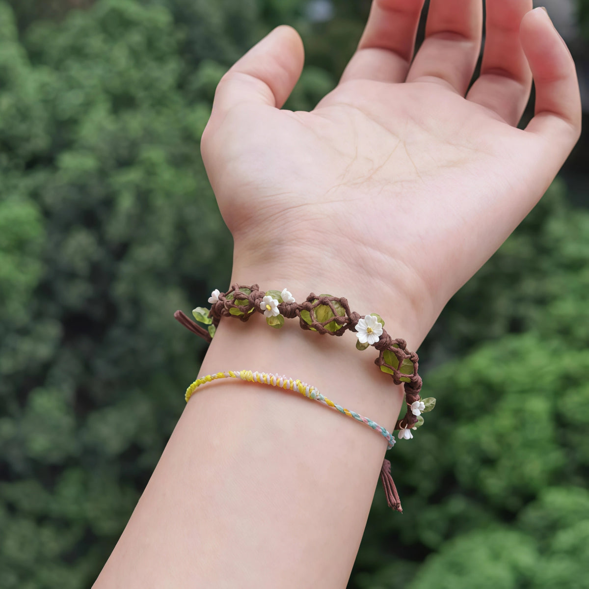 Peridot Net Woven Bracelet with Tiny Flower Charms - Hope & Peace