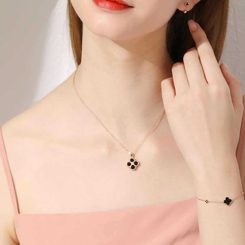 Onyx Lucky Clover Necklace — Two-Way Wear • Reversible Design