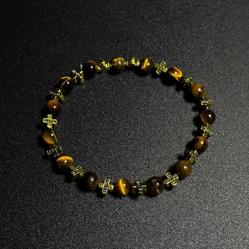 Bracelet vintage œil de tigre, perles et croix - Attire la richesse