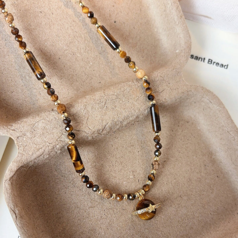 Natural Tiger Eye Stone Necklace, Cosmic Planet High-End Sense Chain