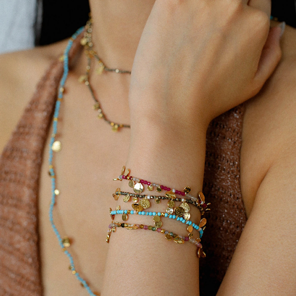Hand‑Hammered Gold Coin Natural Stone Beaded Stack Bracelet - Healing, Inner Power
