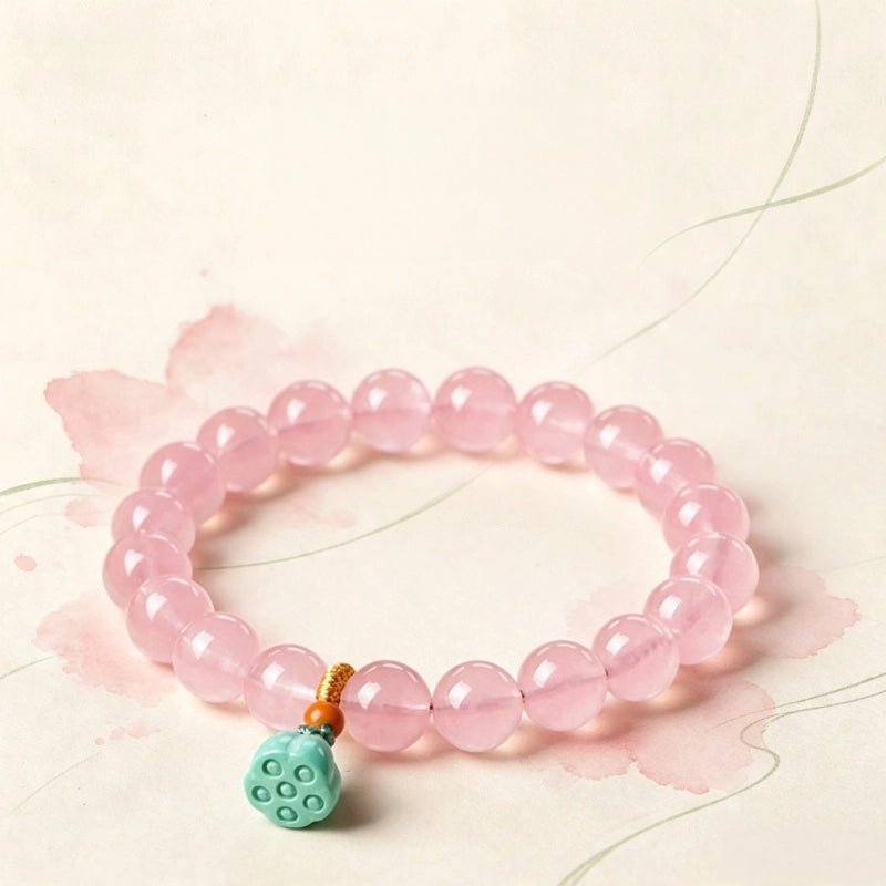 Natural Rose Quartz Lotus Pendant Bracelet - Draws Sweet Love