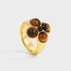 2pcs Set Gilded Four-Petal & Oval Tiger's Eye Ring - Talisman Attract Wealth, Boost Career & Repel Negative Energy