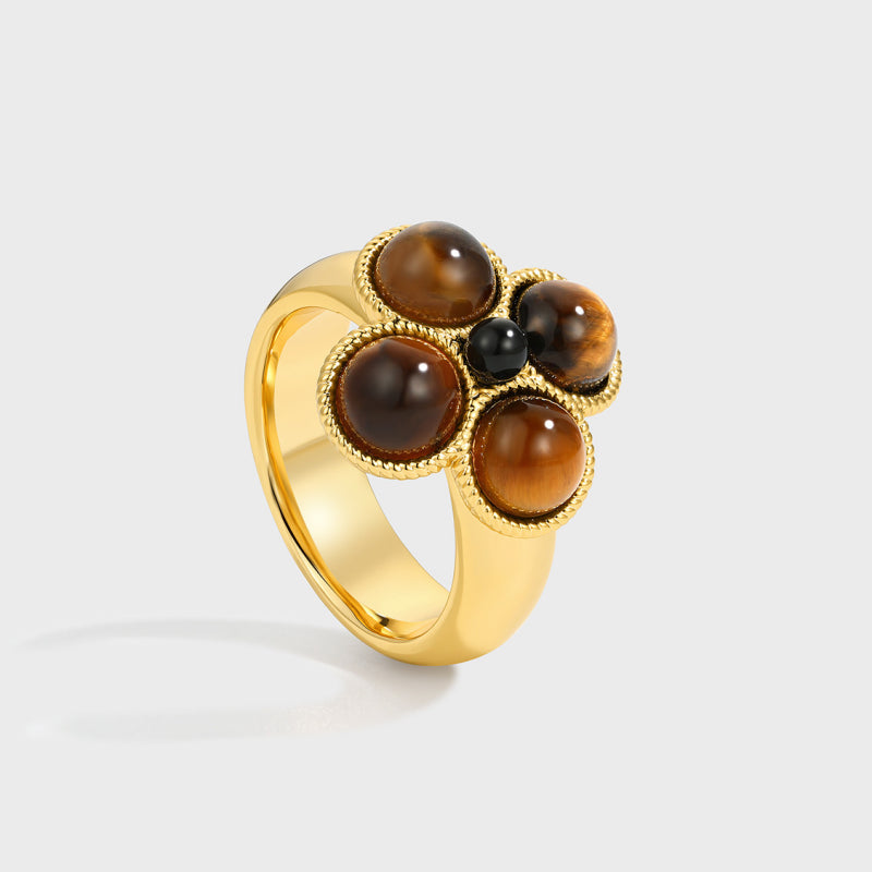 2pcs Set Gilded Four-Petal & Oval Tiger's Eye Ring - Talisman Attract Wealth, Boost Career & Repel Negative Energy