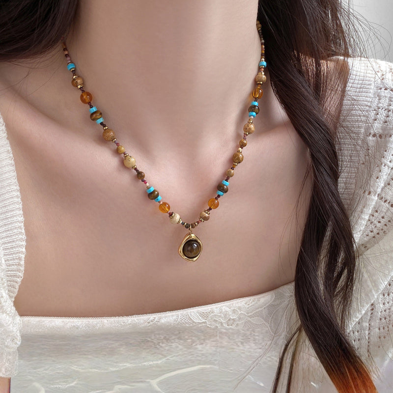 Natural Tiger Eye Stone Necklace — Bohemian Style, Essential for Vacation & Gifting