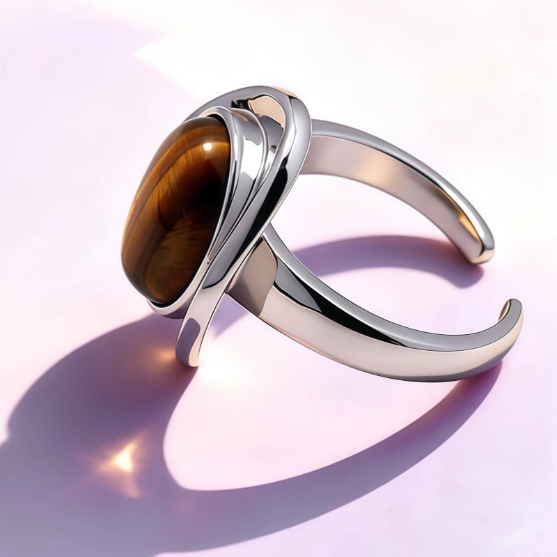 Natural Tiger Eye Stone Ring With Ribbed Star Core Light Luxury Women's Ring