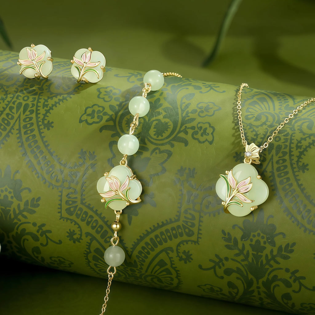 Oriental Clover‑Shaped Lotus Hetian Jade Matching Jewelry Set - Purify Mind