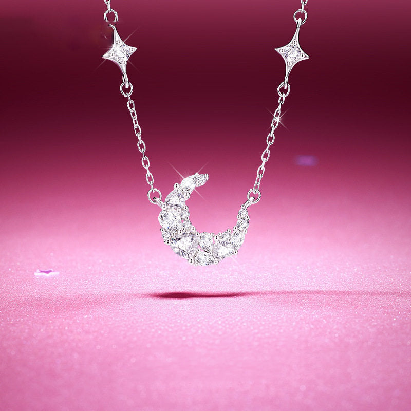 Starry Moon Full Diamond Silver Necklace - Embodying Gentle Celestial Proctection