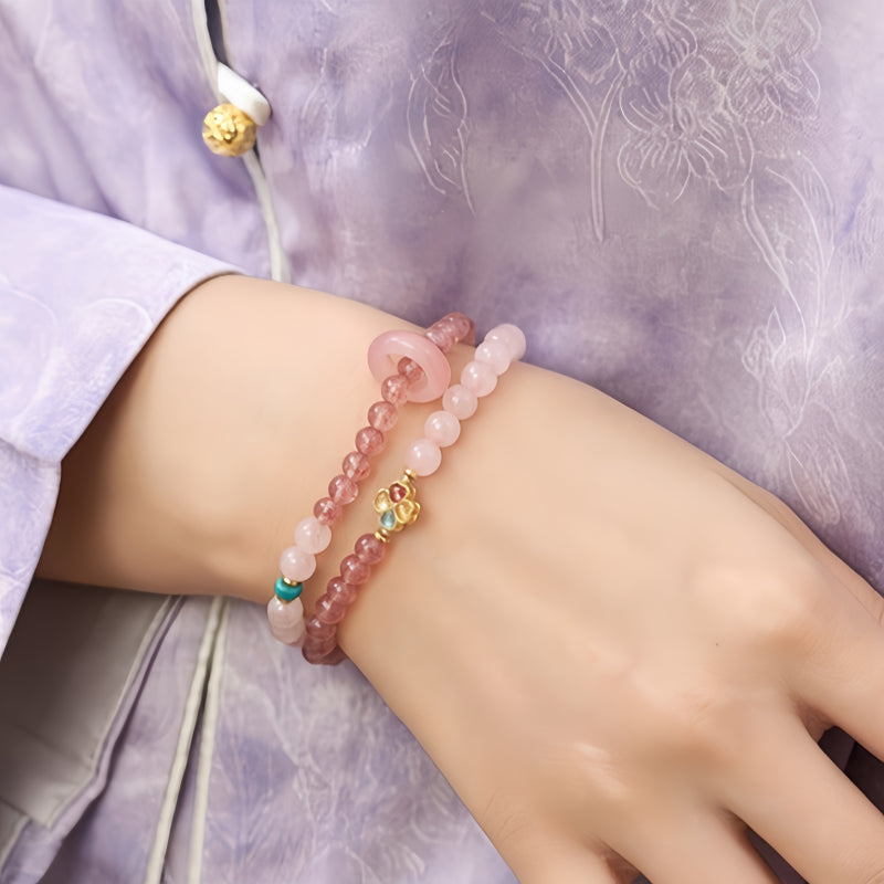 Natural Rose Quartz Ring Flower Bracelet - Inner Peace and Gentle Healing