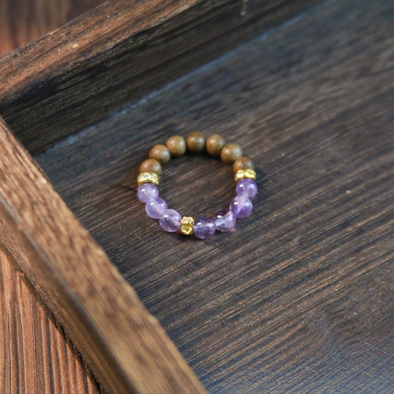Natural Amethyst & Agarwood Ring - Wear Luck and Tranquility