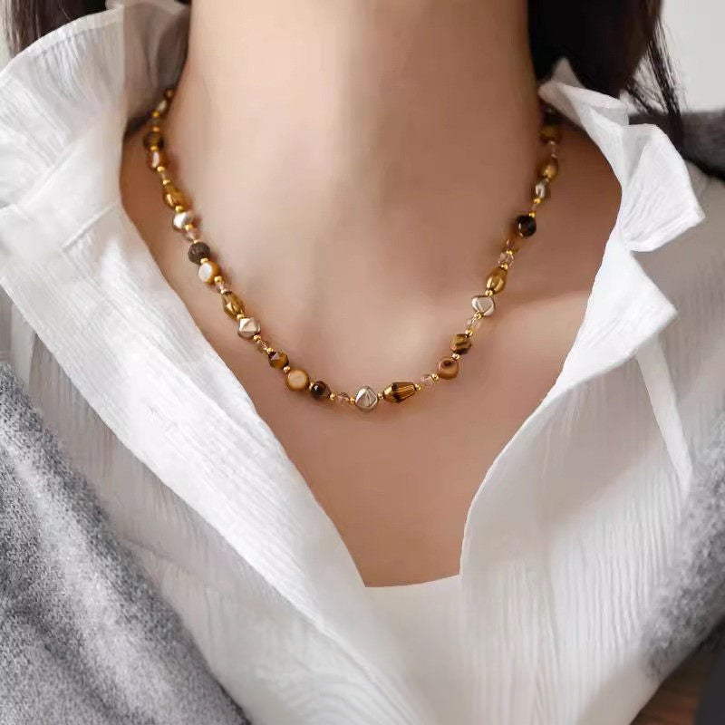 Natural Tiger Eye Stone Necklace — Maillard Earth Tone Irregular Collarbone