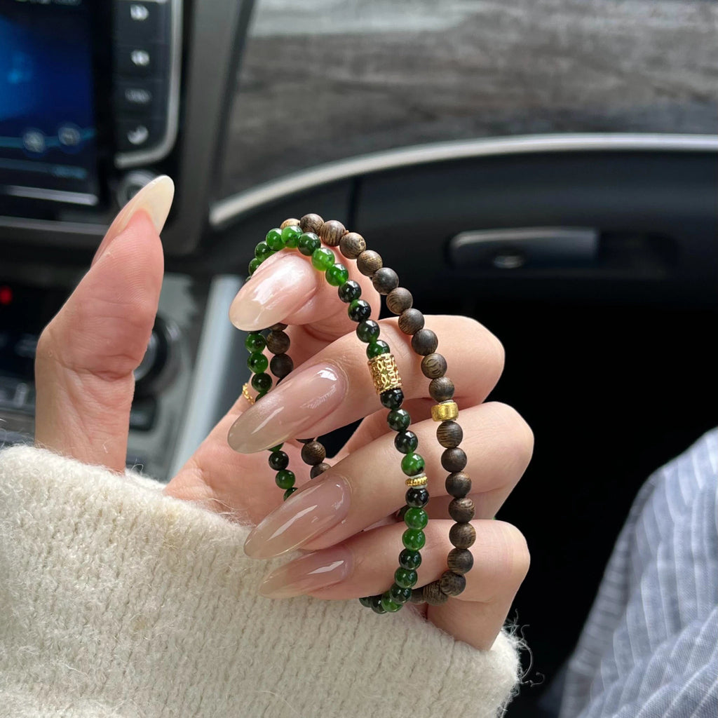 Kynam Agarwood and Nephrite Green Jade Layered Bracelet - Stay Grounded and Peaceful