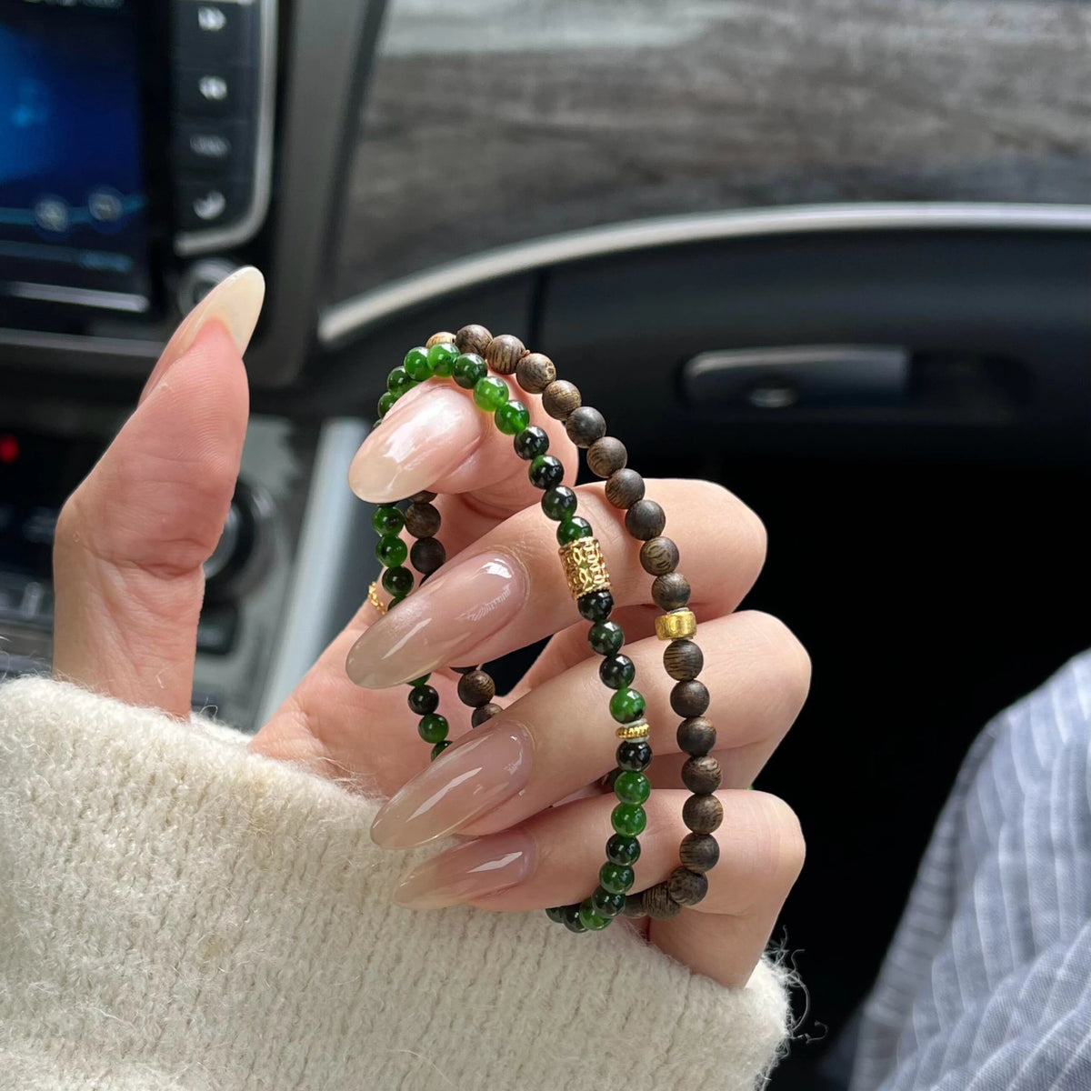 Kynam Agarwood and Nephrite Green Jade Layered Bracelet - Stay Grounded and Peaceful