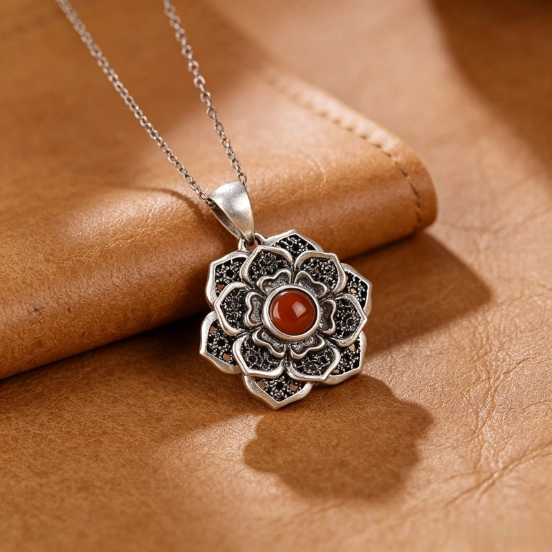 Lotus with Red Agate S925 Necklace - Clear All Negative Energy