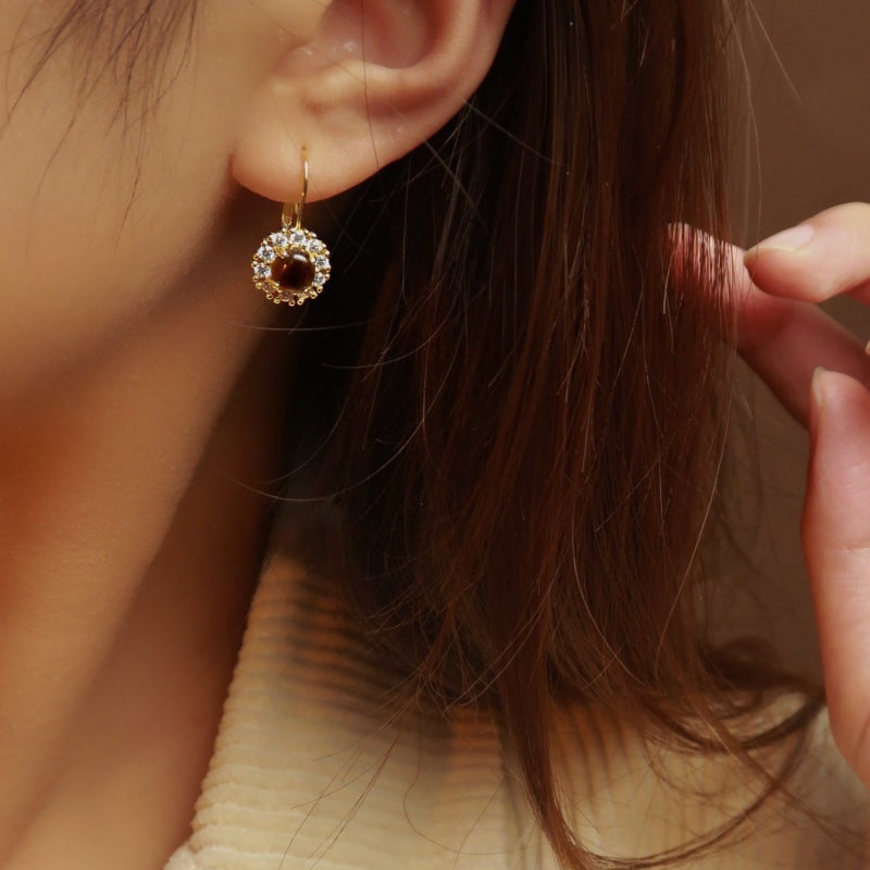 Natural Tiger Eye Earrings — Vintage Flower Ear Clasp