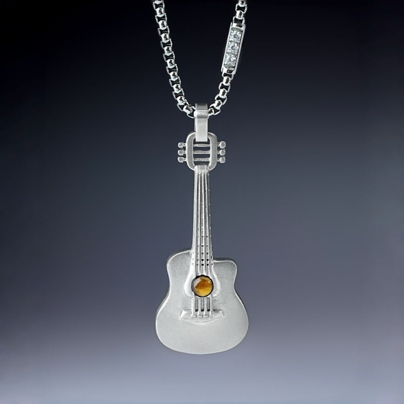 Natural Tiger Eye Stone Necklace — Personalized Guitar Pendant for Boyfriend