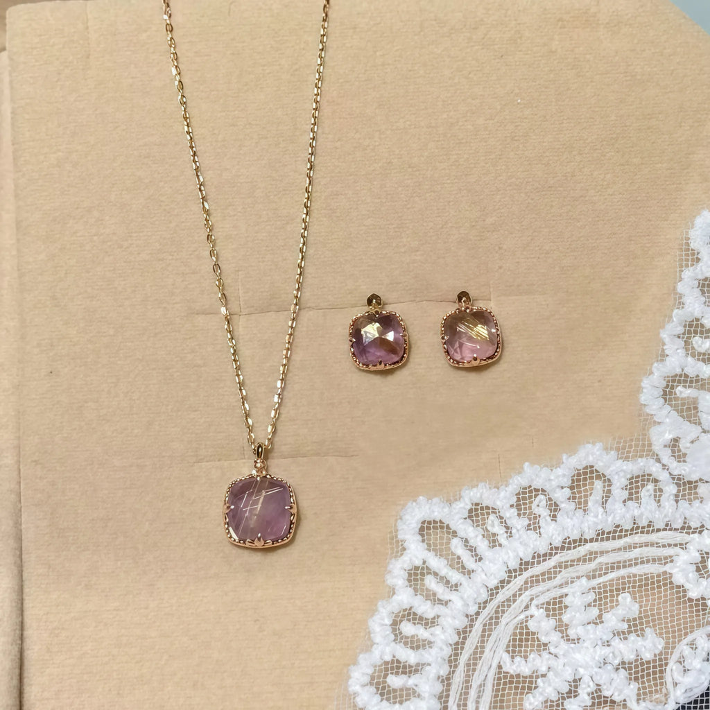 Faceted Square Rutilated Quartz & Amethyst Rose Gold Gift Box Set - Strengthen Personal Aura