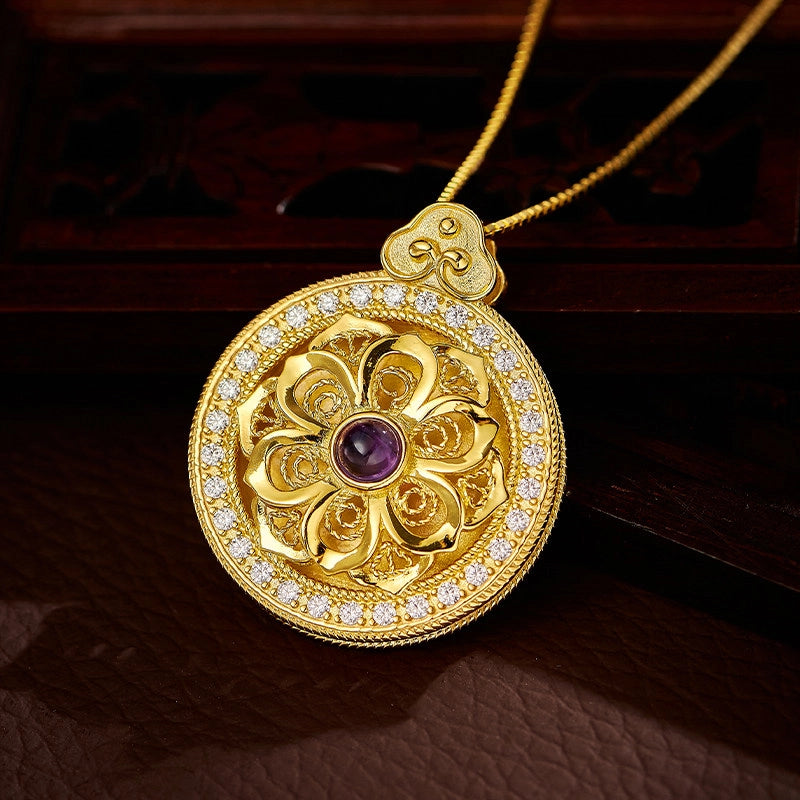 Golden Lotus with Amethyst Necklace - Rebirth & Renewal