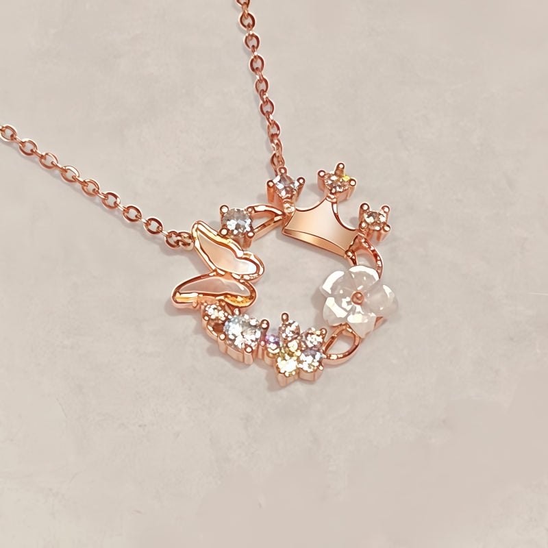 Rose Gold Crown Butterfly Necklace/Bracelet Jewelry Set - Joy and Good Fortune