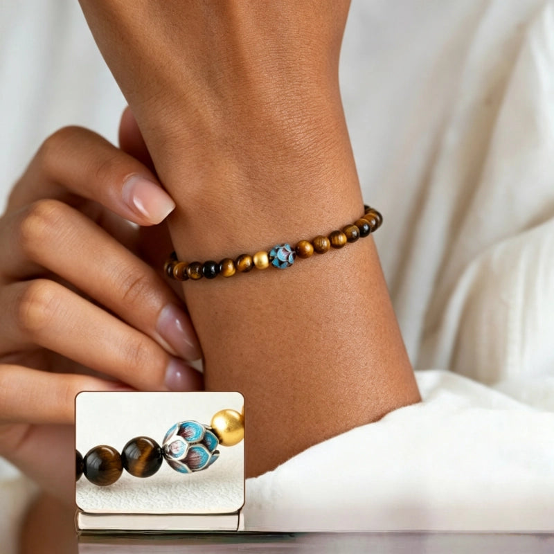 Natural Tiger Eye Lotus Wealth Bracelet - Peace & Happiness, Continuous Good Luck
