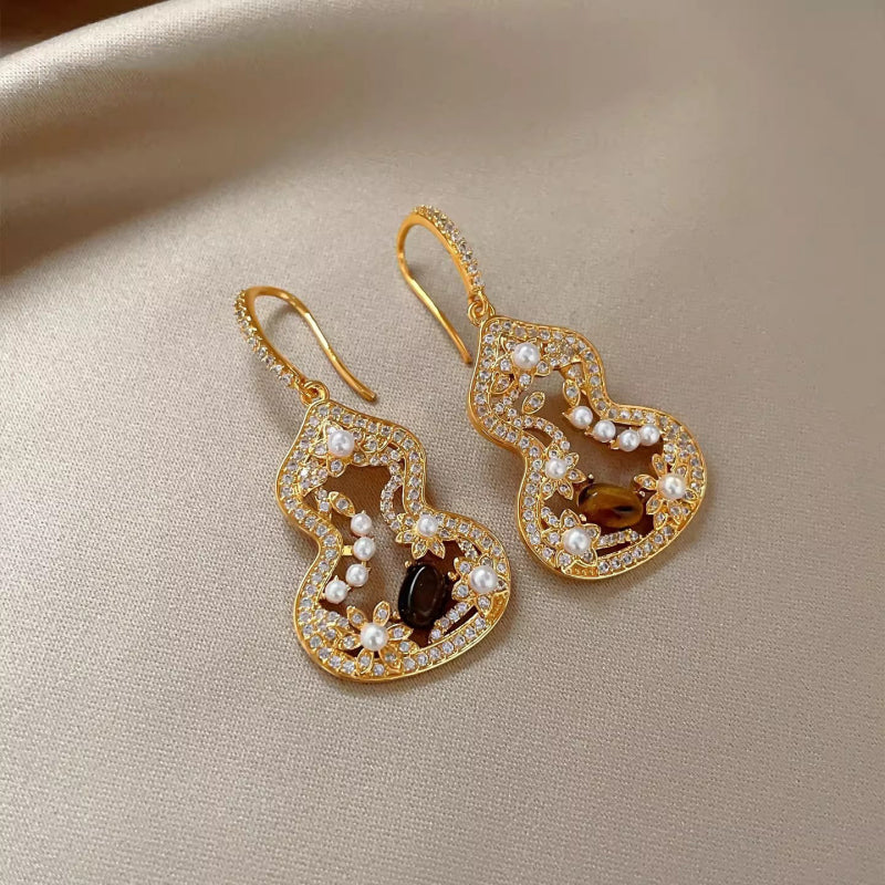 Hollow Gourd Tiger Eye Drop Earrings, Blessing Wealth Crystal Ear Jewelry