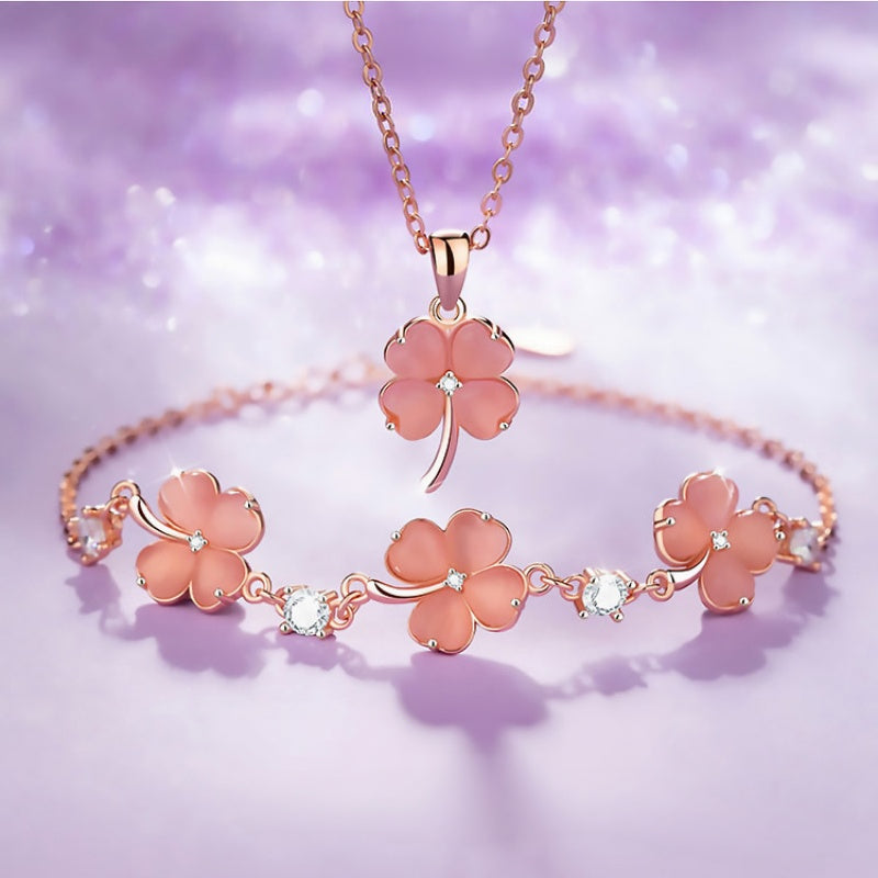 Lucky Four‑Leaf Clover Necklace/Bracelet/Earrings Set - Conveying Romance