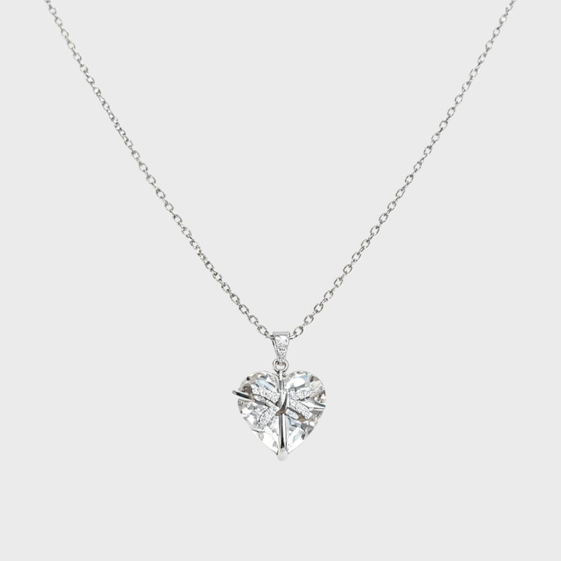 Clear Crystal Butterfly Bow Heart Necklace – Purify Aura, Attract Good Relationships