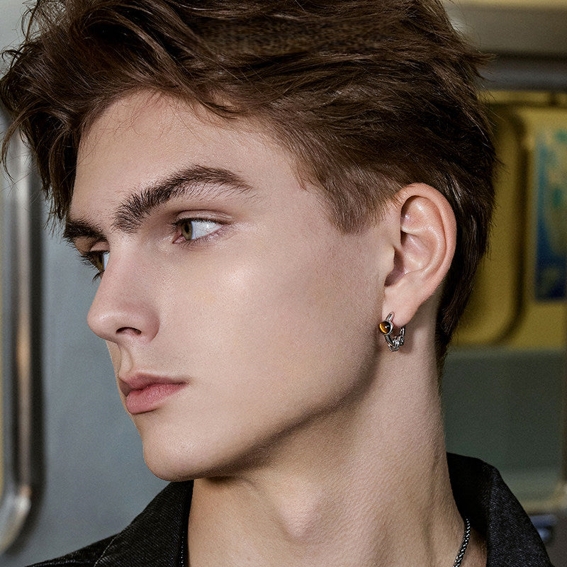 Boucles d'oreilles en œil de tigre naturel et argent, style streetwear — Courage fougueux pour mon petit ami