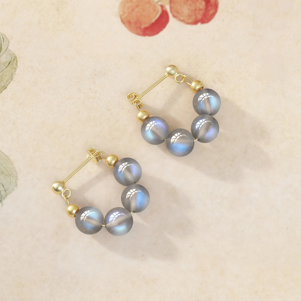 Natural Grey Moonstone Beaded Hoop Earrings - Calm & Intuition