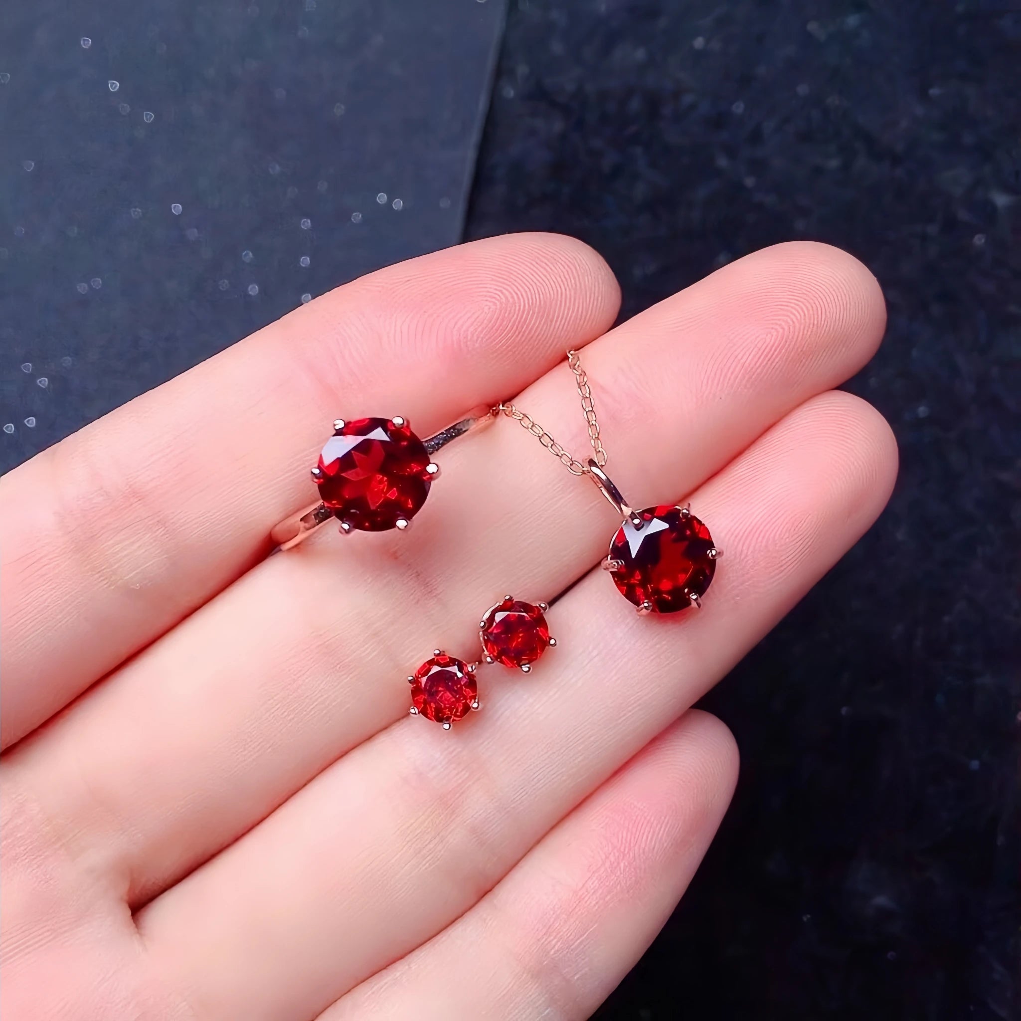 Natural Garnet Necklace Earrings Ring Jewelry Set - Boost Strength