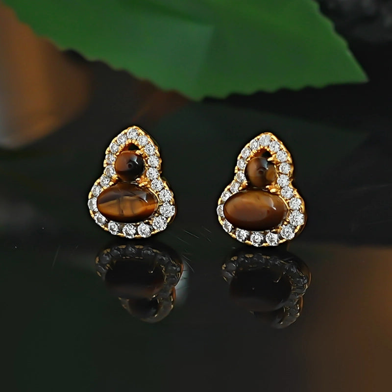 Boucles d'oreilles et bague en œil de tigre doré Maillard en forme de calebasse — Bijoux porte-bonheur en cristal