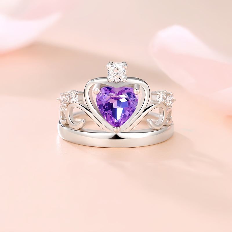 Bague Cœur Couronne Améthyste Naturelle - Laissez le Calme Attirer la Chance