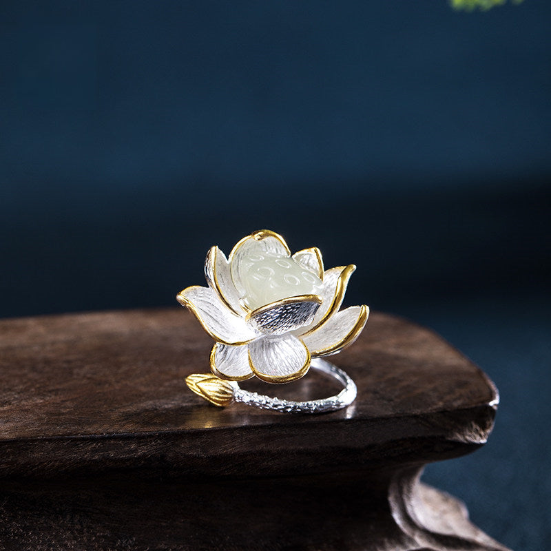 Bague Lotus en Jade Hetian - Paix Intérieure & Énergie Pure