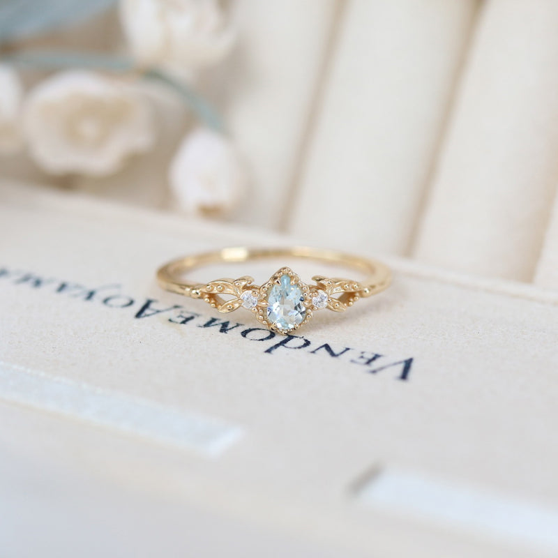 Delicate Teardrop Natural Aquamarine Ring - Positive Energy