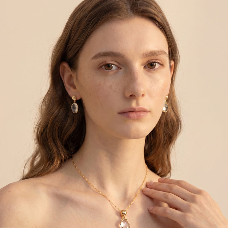 Natural Clear Quartz Gold Necklace & Earrings - Balance Your Energy