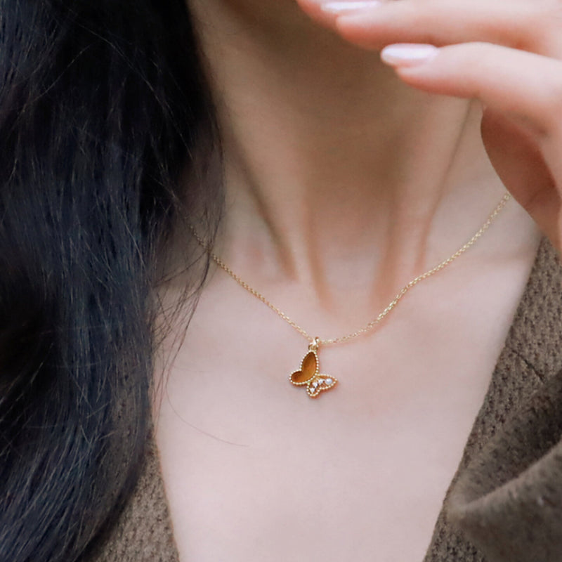 Tiger Eye Stone Butterfly Necklace - Freedom & Success