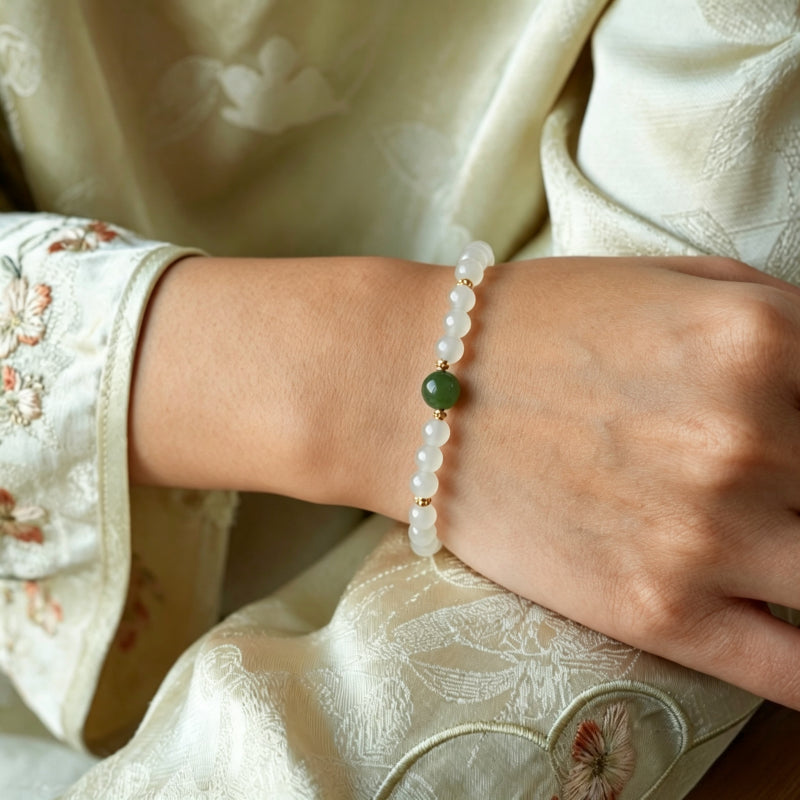 Natural Hetian White Jade Bracelet — Pure Energy White & Green Jade