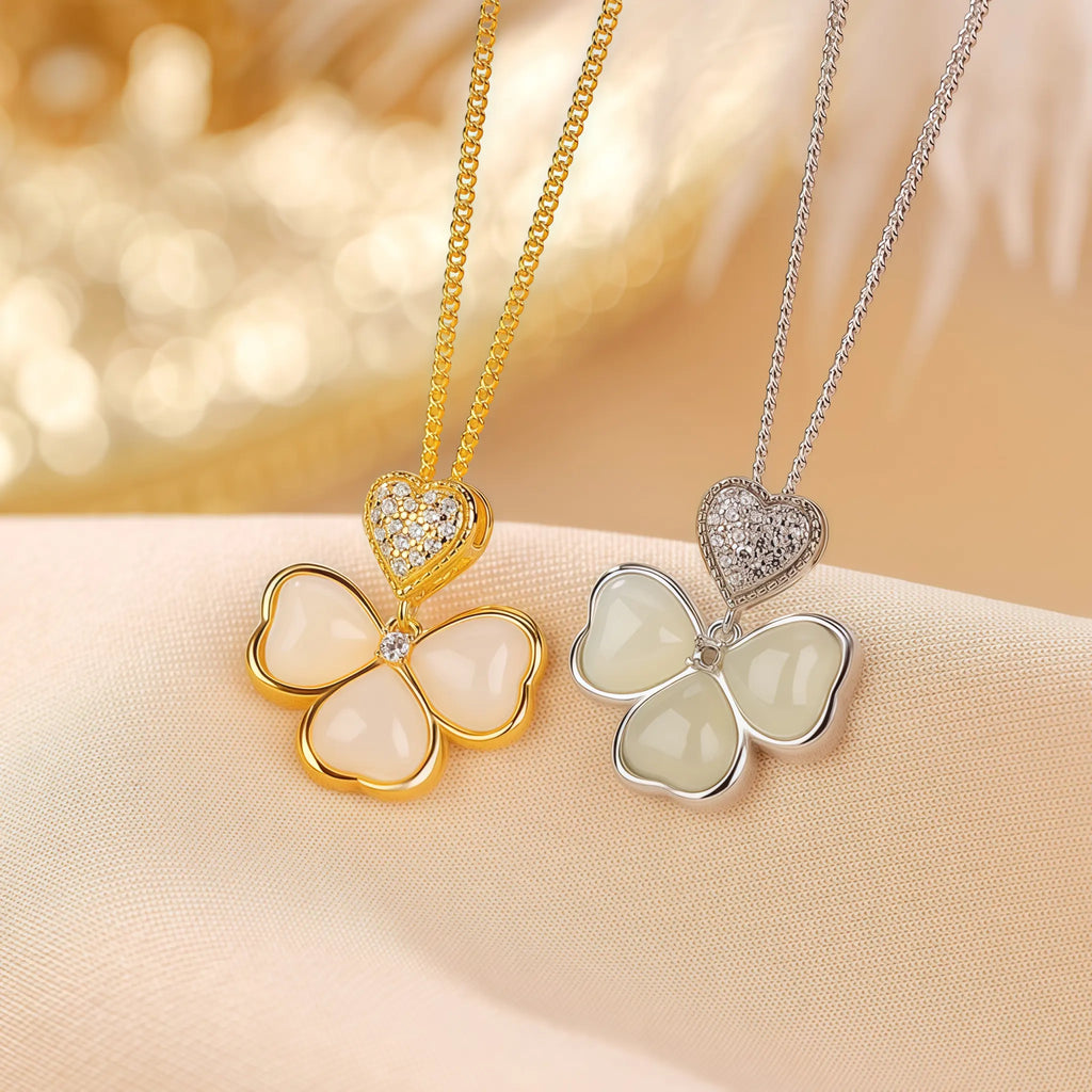 Heart Hetian Jade Four-Leaf Clover Necklace - Purity & Peace