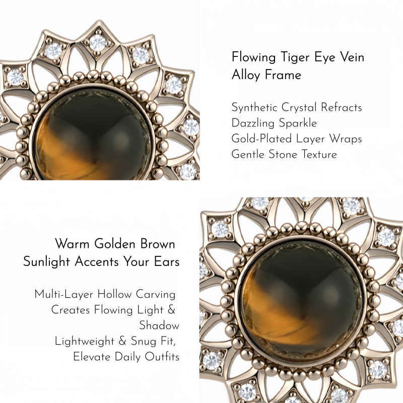 Sunflower Tiger Eye Stud Earrings — Niche Retro Crystal for Fortune & Success