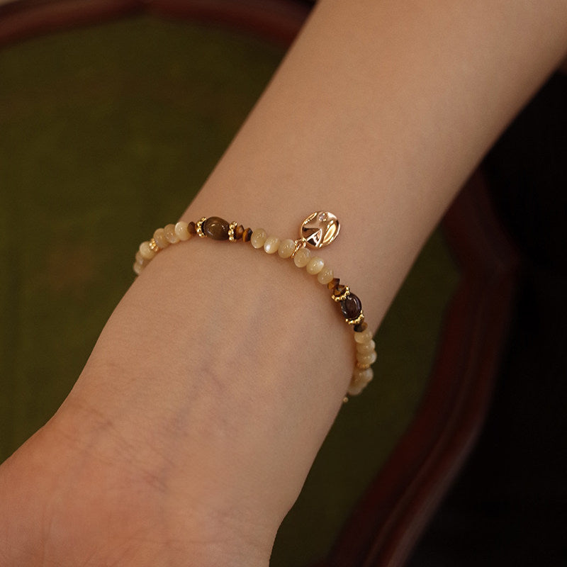 Tiger Eye & Shell Bead Bracelet for Women, Adjustable Extension Chain with Leaf Pendant