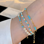 Natural Turquoise & Pearl Stackable Bracelet - Ease Stress & Vintage Elegant Vibe