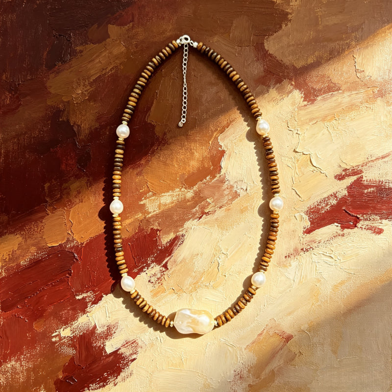 Irregular Baroque Pearl Natural Tiger Eye Stone Necklace — Gift for Mom