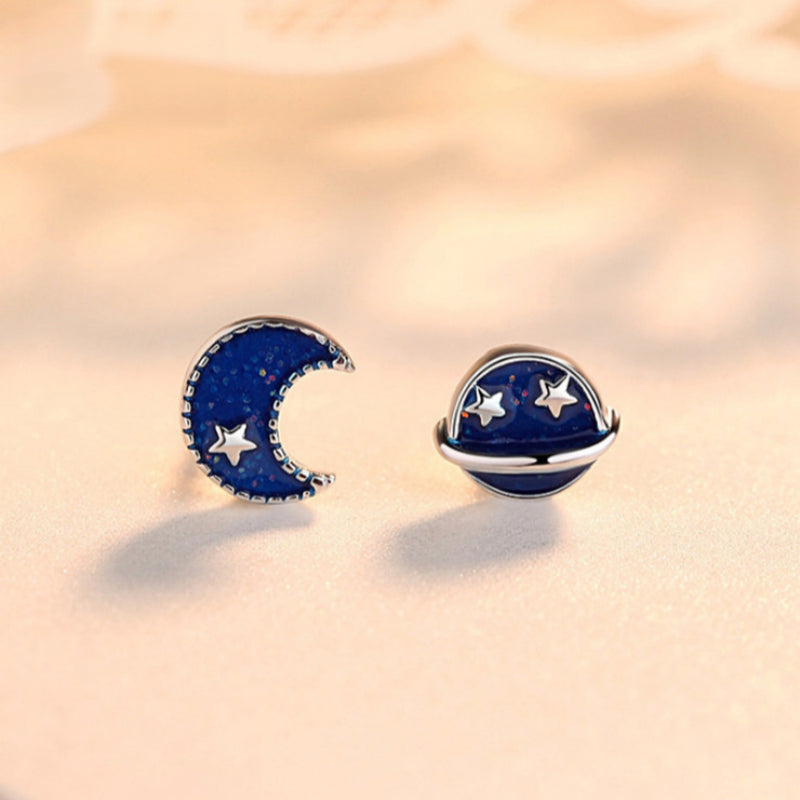 Moon Star High-Glitter Starry Blue Enamel Earrings, Asymmetry Studs